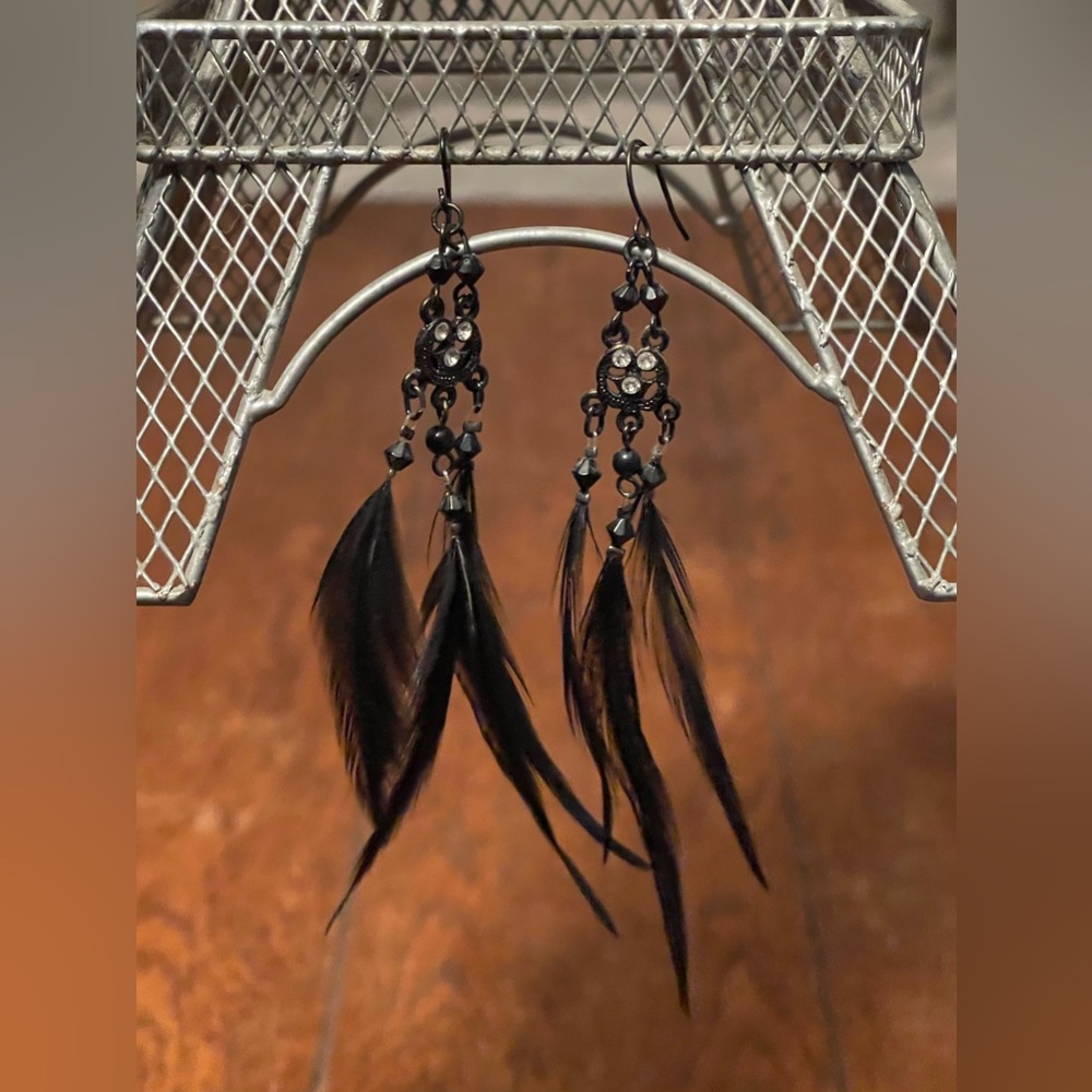 Black Dangle Earrings w/ Feathers and Jewels